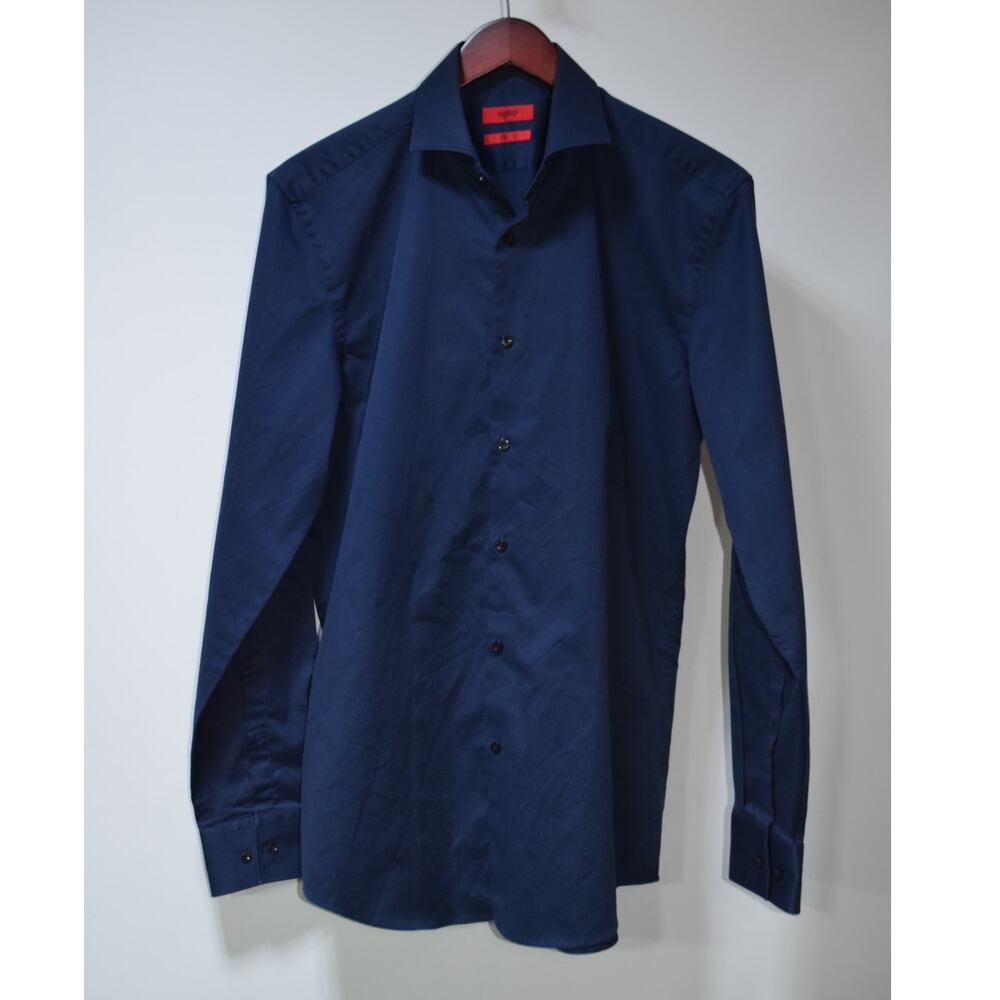 HUGO Hugo Boss Slim Fit Navy Dress Shirt Easy Iron Cotton 16 / 41